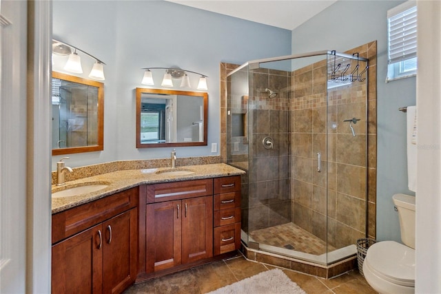 bathroom with tile patterned floors, walk in shower, vanity, and toilet