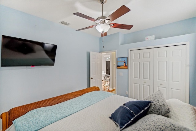 bedroom featuring ceiling fan and a closet