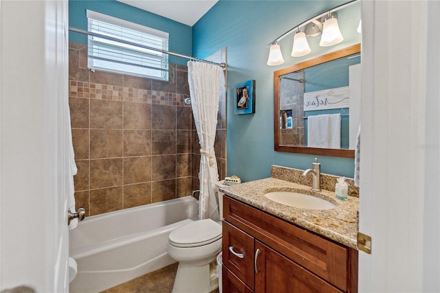 full bathroom featuring shower / bath combination with curtain, tile patterned flooring, vanity, and toilet