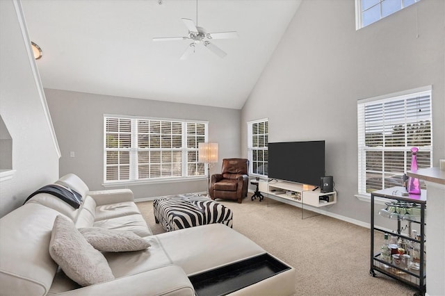 living room featuring carpet, ceiling fan, and high vaulted ceiling