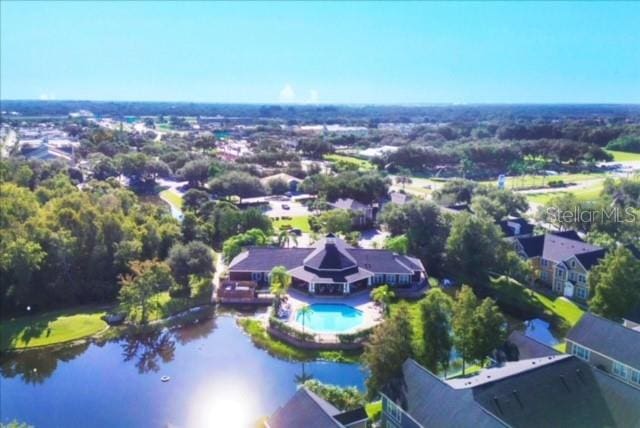 bird's eye view with a water view