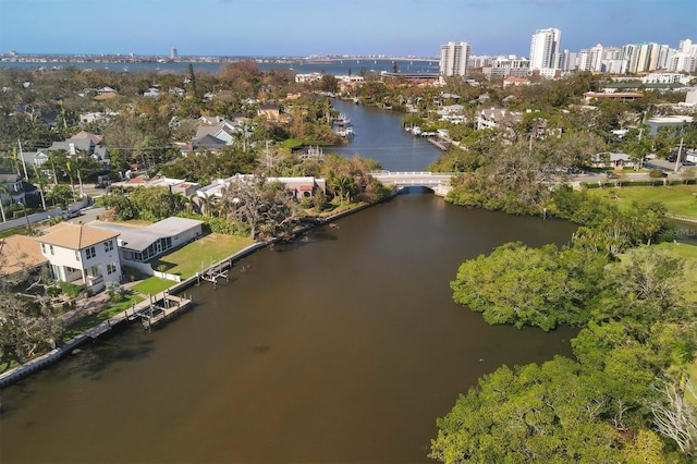 aerial view featuring a water view