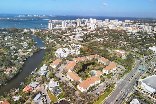 drone / aerial view with a water view