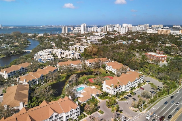 bird's eye view with a water view