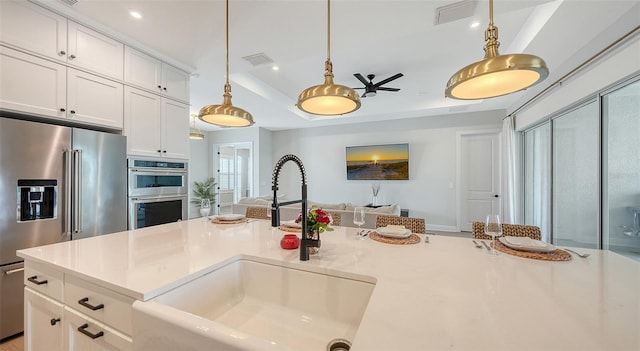 kitchen featuring sink, appliances with stainless steel finishes, white cabinetry, and a raised ceiling