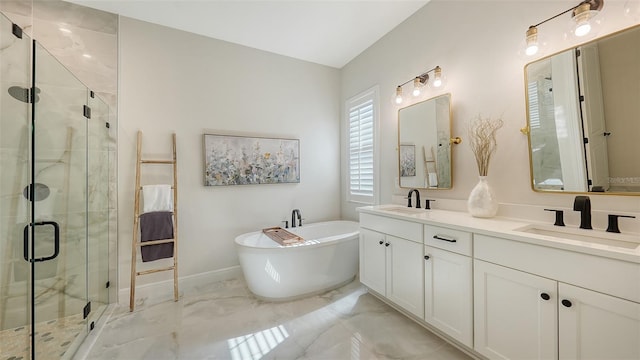 bathroom with vanity and plus walk in shower