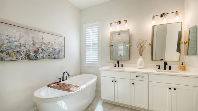 bathroom featuring vanity and shower with separate bathtub