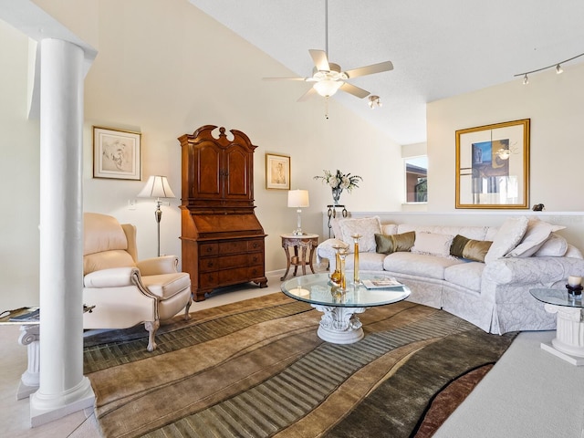 living room with lofted ceiling and ceiling fan