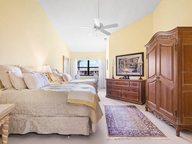 bedroom featuring ceiling fan, light colored carpet, and high vaulted ceiling