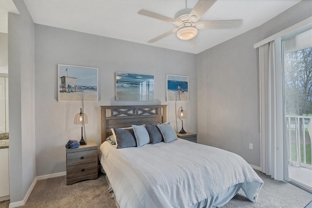 carpeted bedroom with access to outside, multiple windows, and ceiling fan