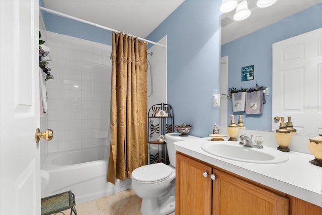 full bathroom with toilet, shower / bath combination with curtain, vanity, and tile patterned floors