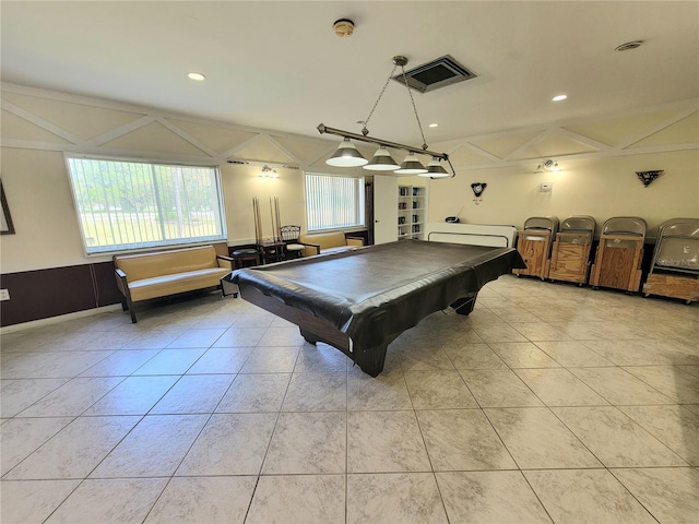 playroom with light tile patterned floors, billiards, and vaulted ceiling