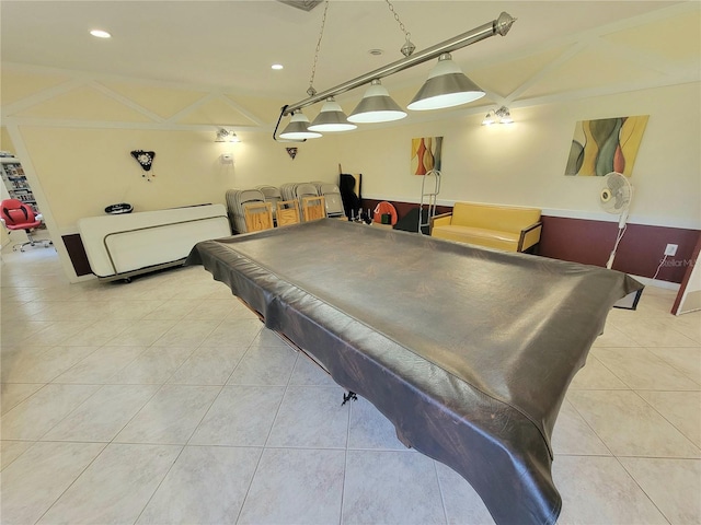 playroom with lofted ceiling, light tile patterned flooring, and billiards