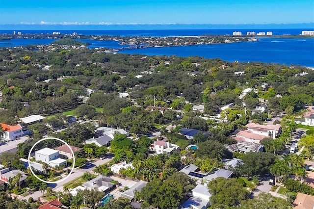 drone / aerial view with a water view