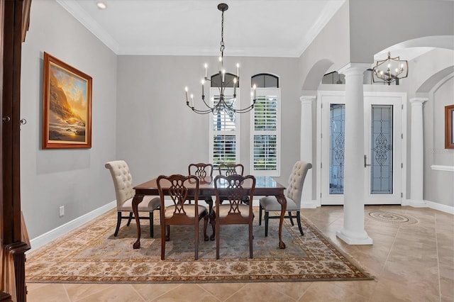 dining area with a notable chandelier, ornate columns, light tile patterned floors, and crown molding