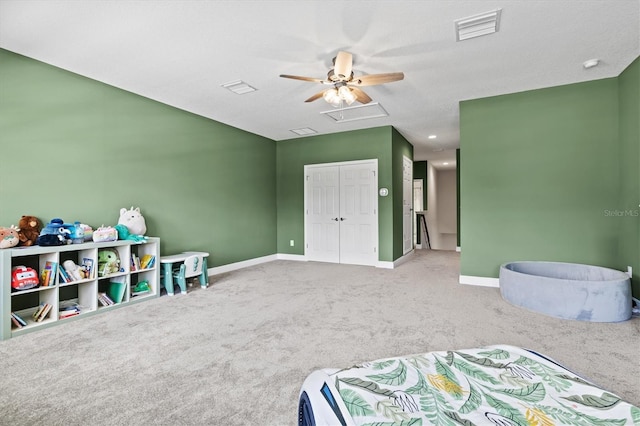 14607 Swiss Bridge Dr, Lithia, FL 33547 - bedroom featuring a closet, ceiling fan, carpet flooring, baseboards, and visible vents