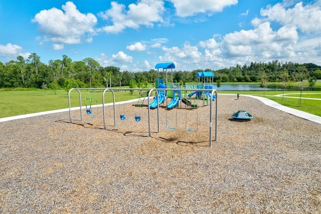 view of playground featuring a water view