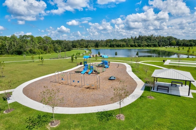 14607 Swiss Bridge Dr, Lithia, FL 33547 - view of home's community featuring a yard, playground community, a gazebo, and a water view