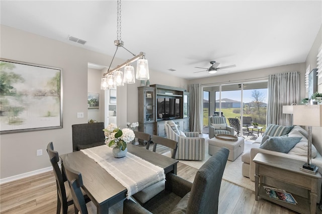 dining room with ceiling fan and light wood-type flooring