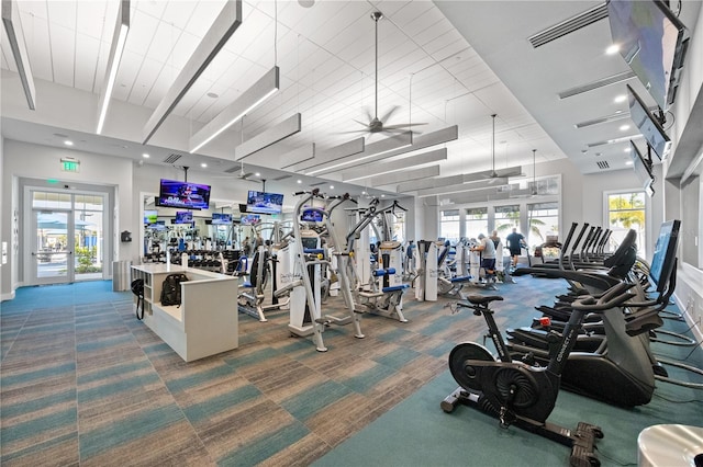 exercise room with ceiling fan, carpet, french doors, and a healthy amount of sunlight