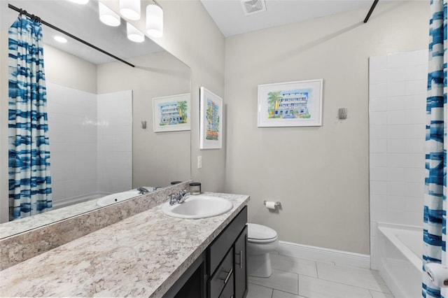 full bathroom with tile patterned flooring, vanity, shower / bath combo with shower curtain, and toilet