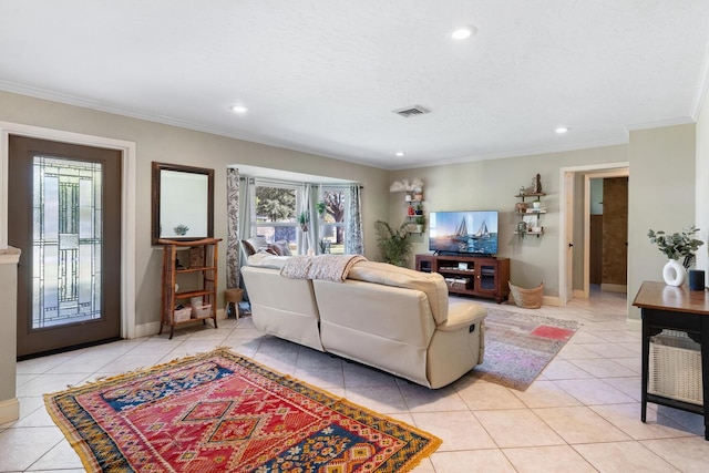 tiled living room with ornamental molding