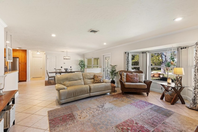 tiled living room with ornamental molding