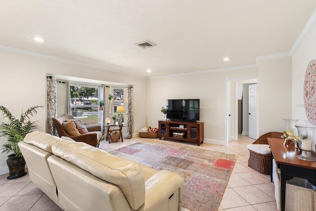 tiled living room featuring ornamental molding