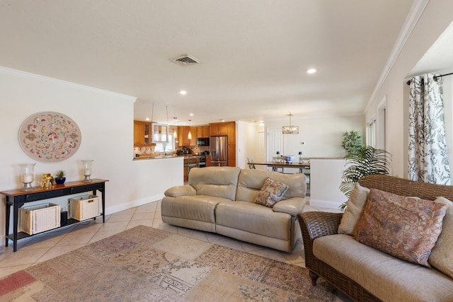 living room featuring crown molding and light tile patterned flooring