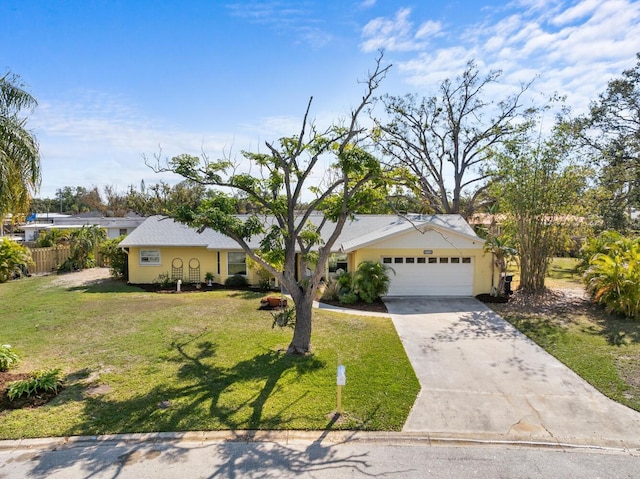 single story home featuring a garage and a front lawn
