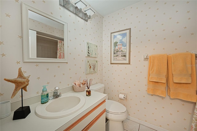 full bathroom with wallpapered walls, toilet, a shower with curtain, tile patterned flooring, and vanity