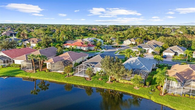 aerial view featuring a water view