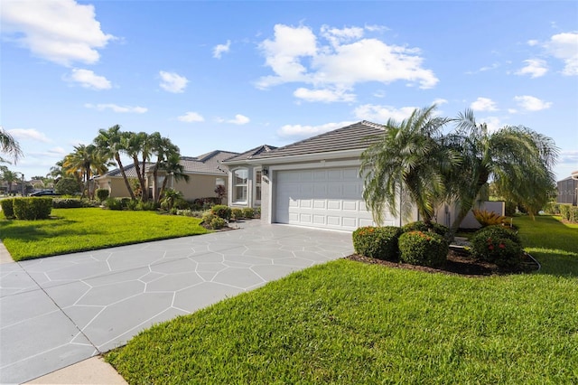 ranch-style home with a front yard and a garage