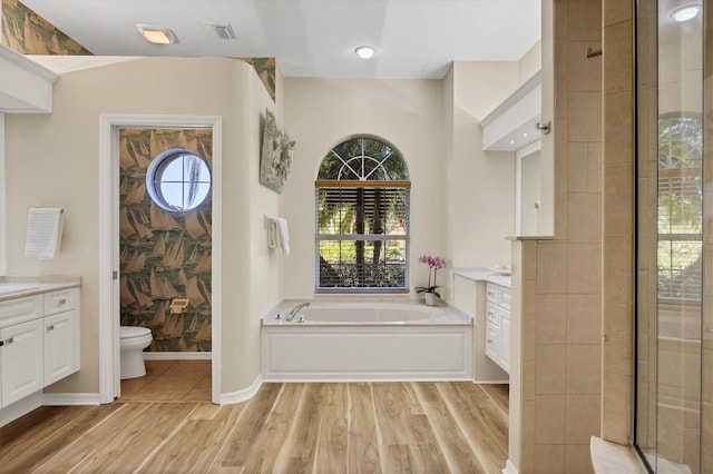 full bathroom with a wealth of natural light, hardwood / wood-style floors, vanity, and toilet