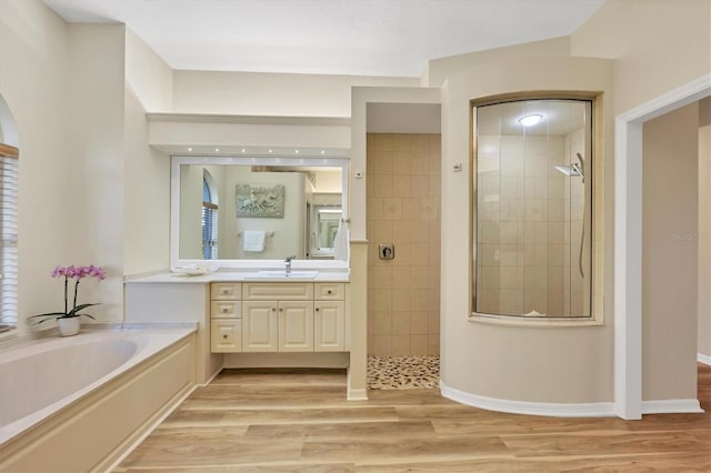 bathroom featuring hardwood / wood-style flooring, vanity, and plus walk in shower