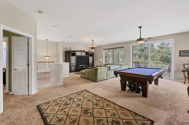 playroom featuring ceiling fan, carpet floors, and billiards