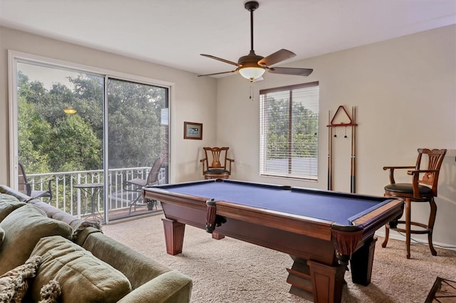 game room featuring light carpet, ceiling fan, a wealth of natural light, and pool table