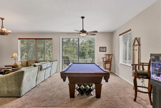 rec room featuring light carpet, ceiling fan, and pool table