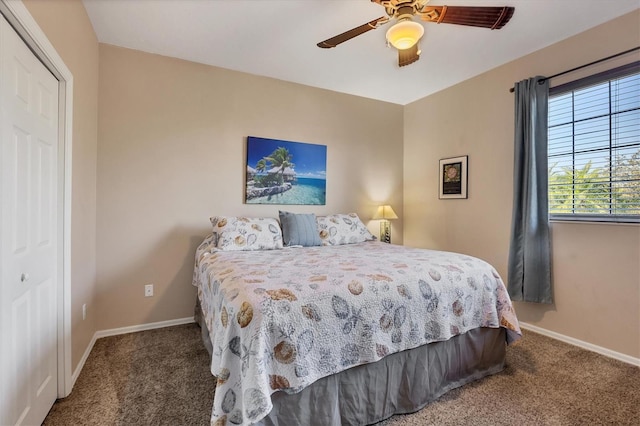 bedroom featuring carpet flooring, a closet, and ceiling fan