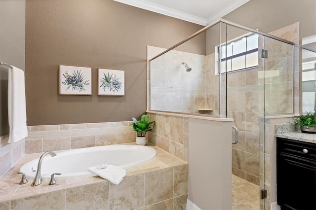 bathroom with vanity, shower with separate bathtub, and ornamental molding