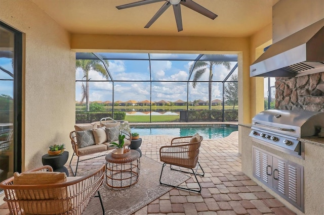 view of patio / terrace featuring a lanai, grilling area, ceiling fan, and area for grilling