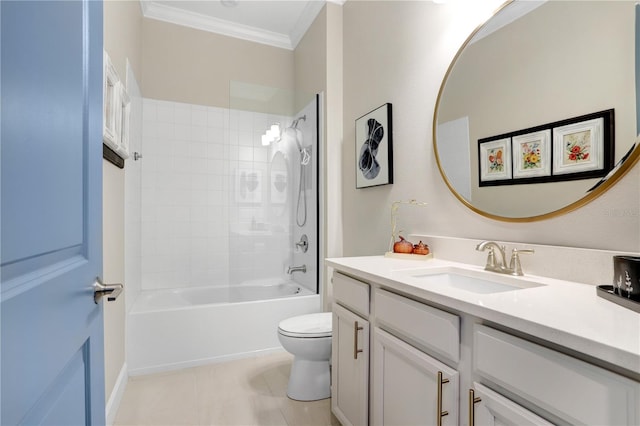 full bathroom with vanity, crown molding, tiled shower / bath combo, and toilet