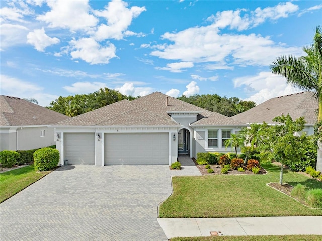 single story home with a garage and a front lawn