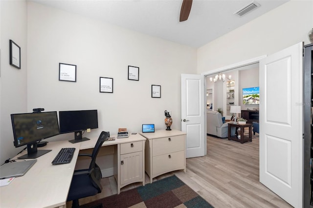 office featuring ceiling fan and light wood-type flooring