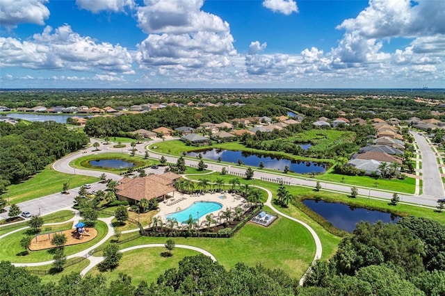 drone / aerial view with a water view