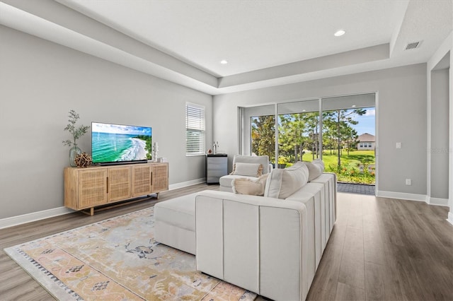 living room featuring plenty of natural light, a tray ceiling, and light hardwood / wood-style flooring