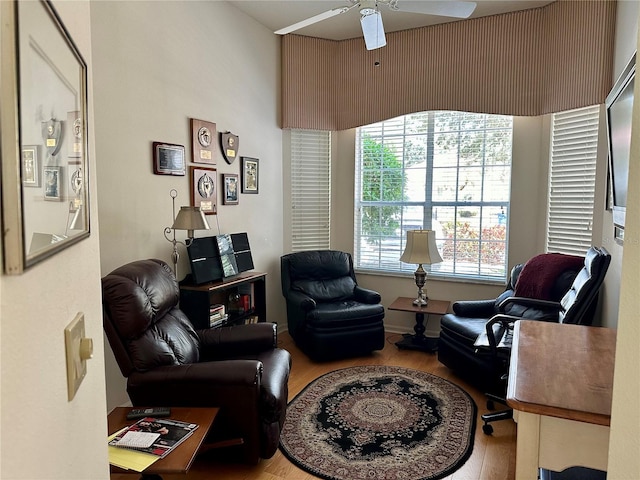 living room with ceiling fan and hardwood / wood-style flooring