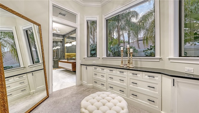 walk in closet featuring light colored carpet