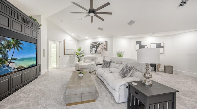 living room with ceiling fan, light colored carpet, and high vaulted ceiling