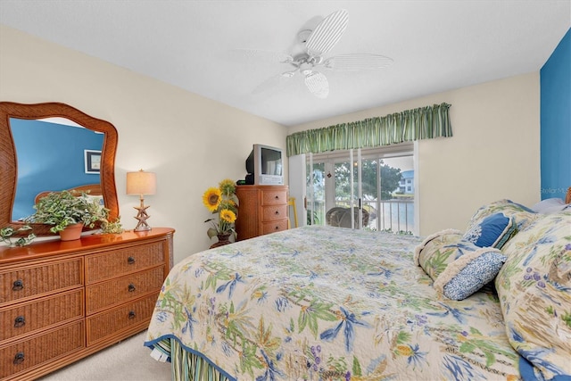 bedroom with carpet floors, access to exterior, and ceiling fan